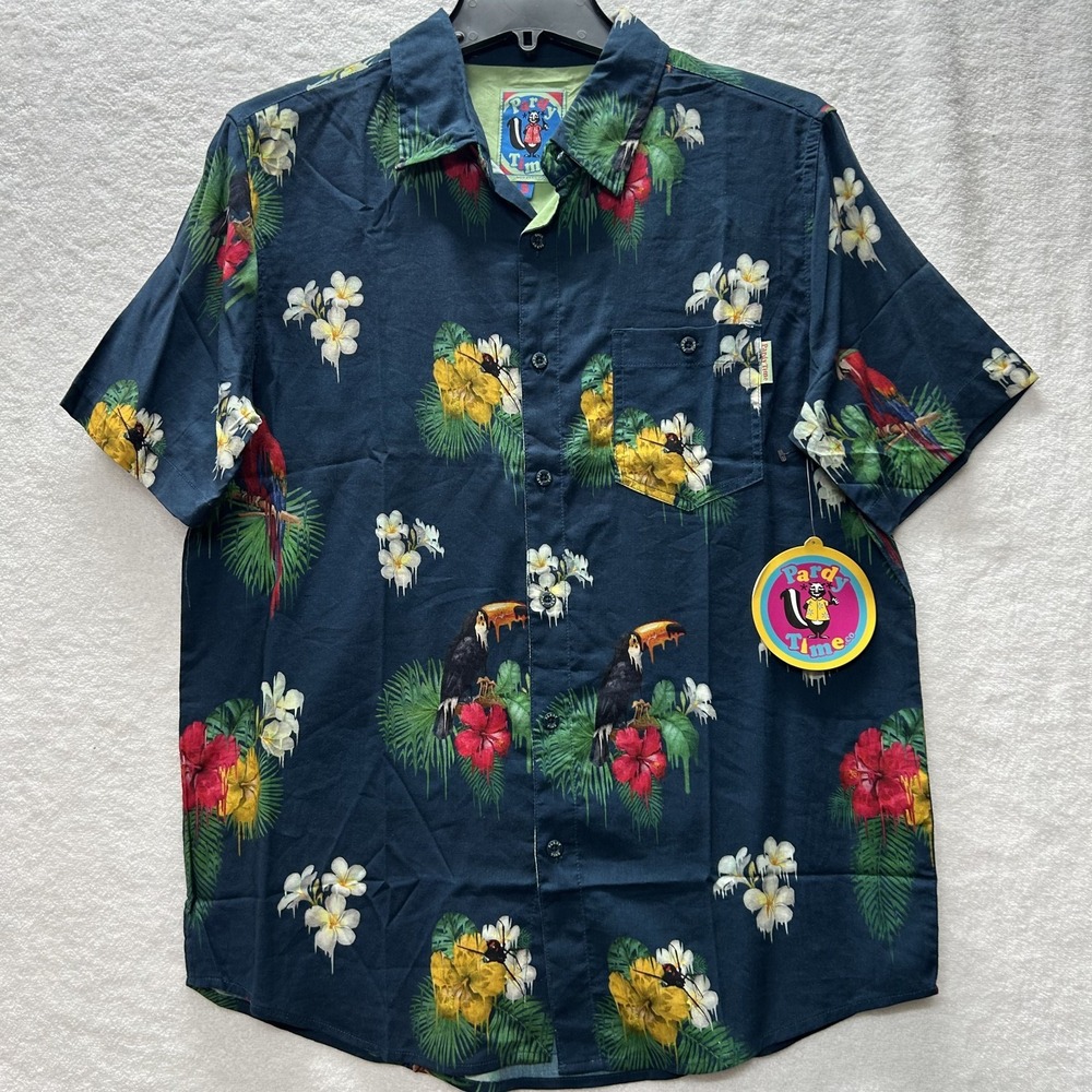 Pardy Time Mens Size S Blue Short Sleeve On Acid Button Up Hawaiian Shirt (J8)